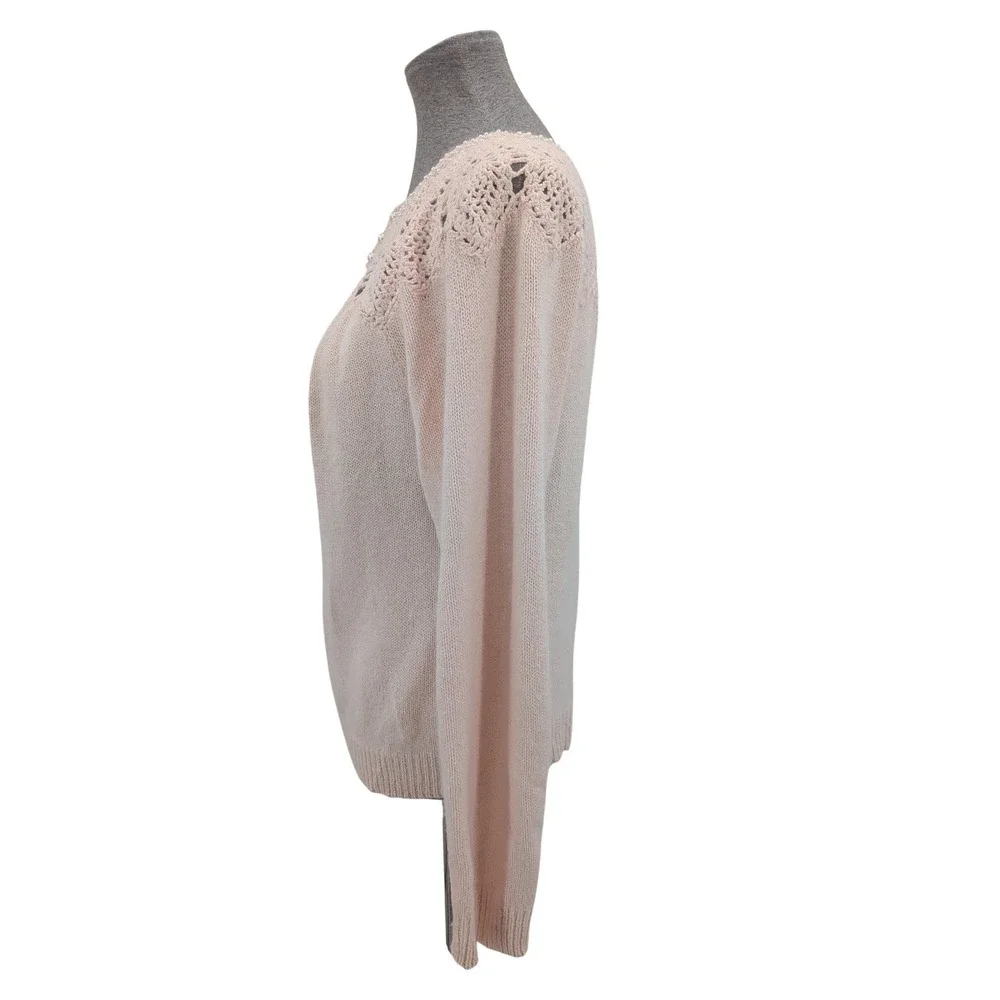 Cottagecore Prairie Pale‎ Baby Pink Crochet Lace Pearls Vintage Knit M Sweater